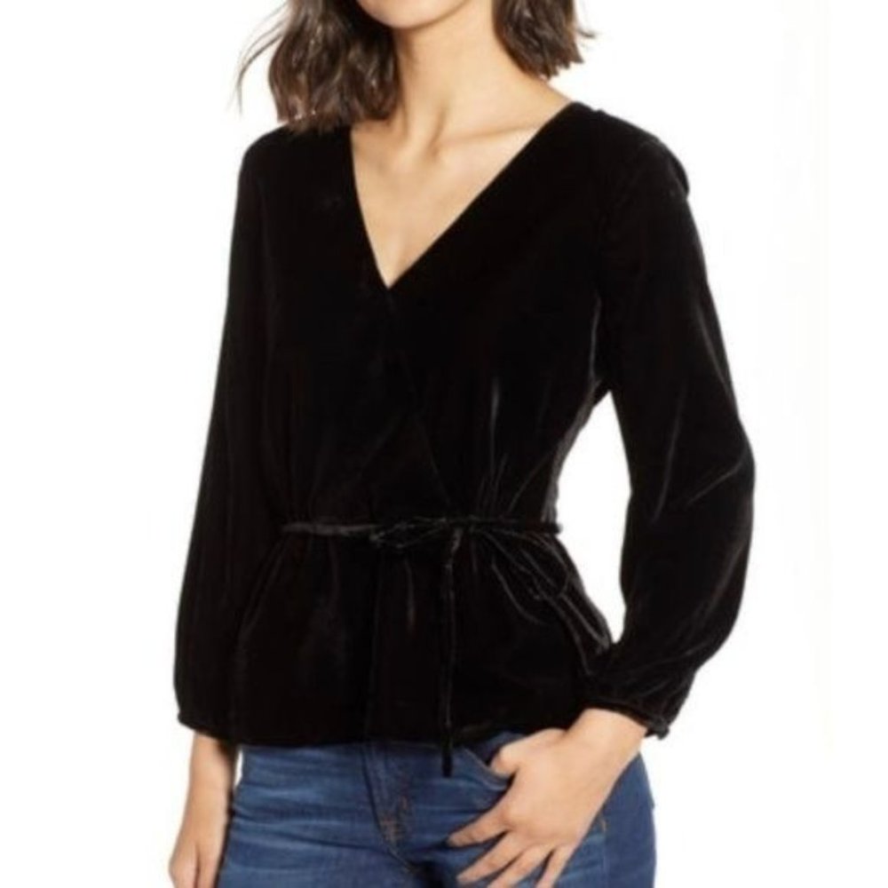 J Crew Faux Wrap Top Drapey Ultra Lush Velvet in Black Size 2 NWT